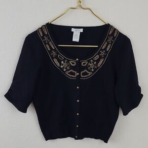 Cache Cardigan Silk Blend Cropped Black Beaded 3/4 Sleeve Size Medium